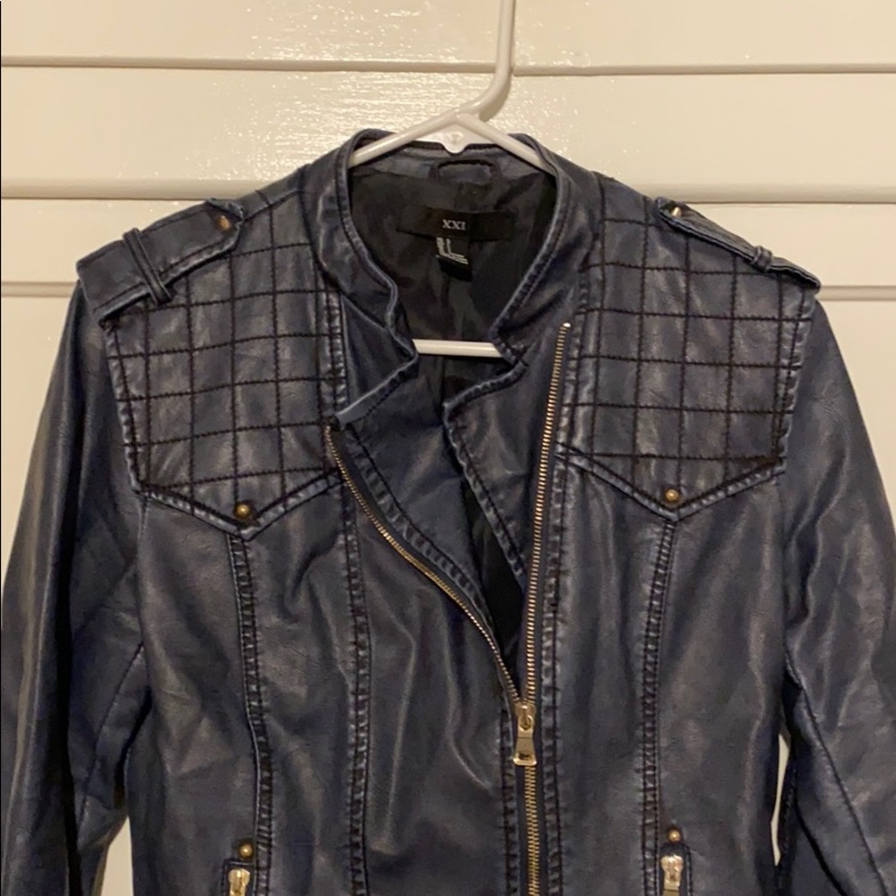 Midnight navy faux leather moto jacket